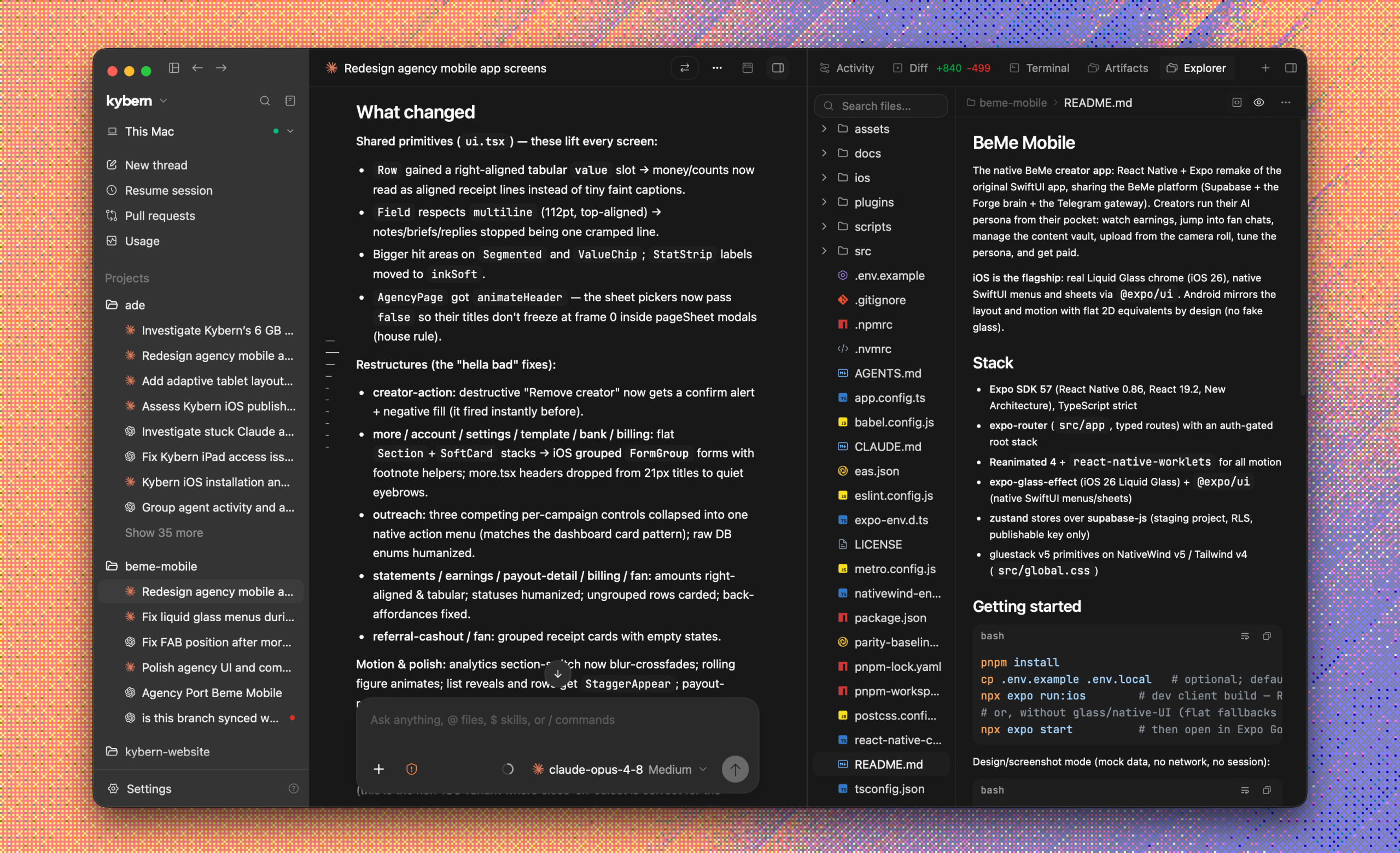 Kybern dock with the file explorer open beside a thread