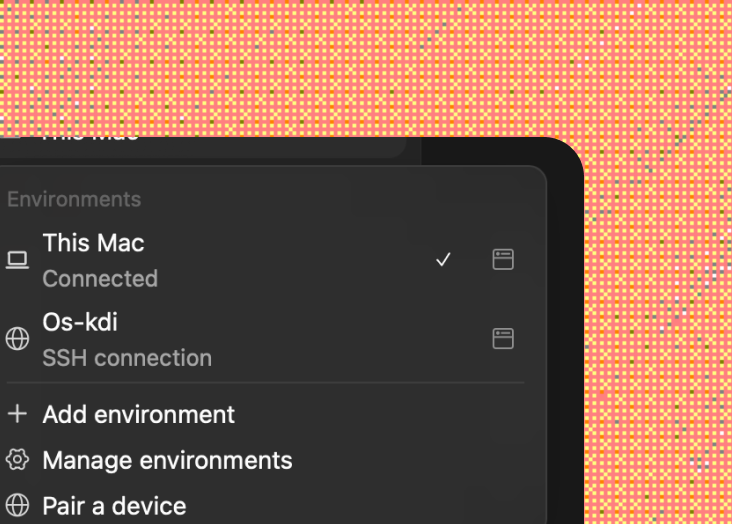 Kybern environment picker showing This Mac connected, a remote SSH machine, and pair a device