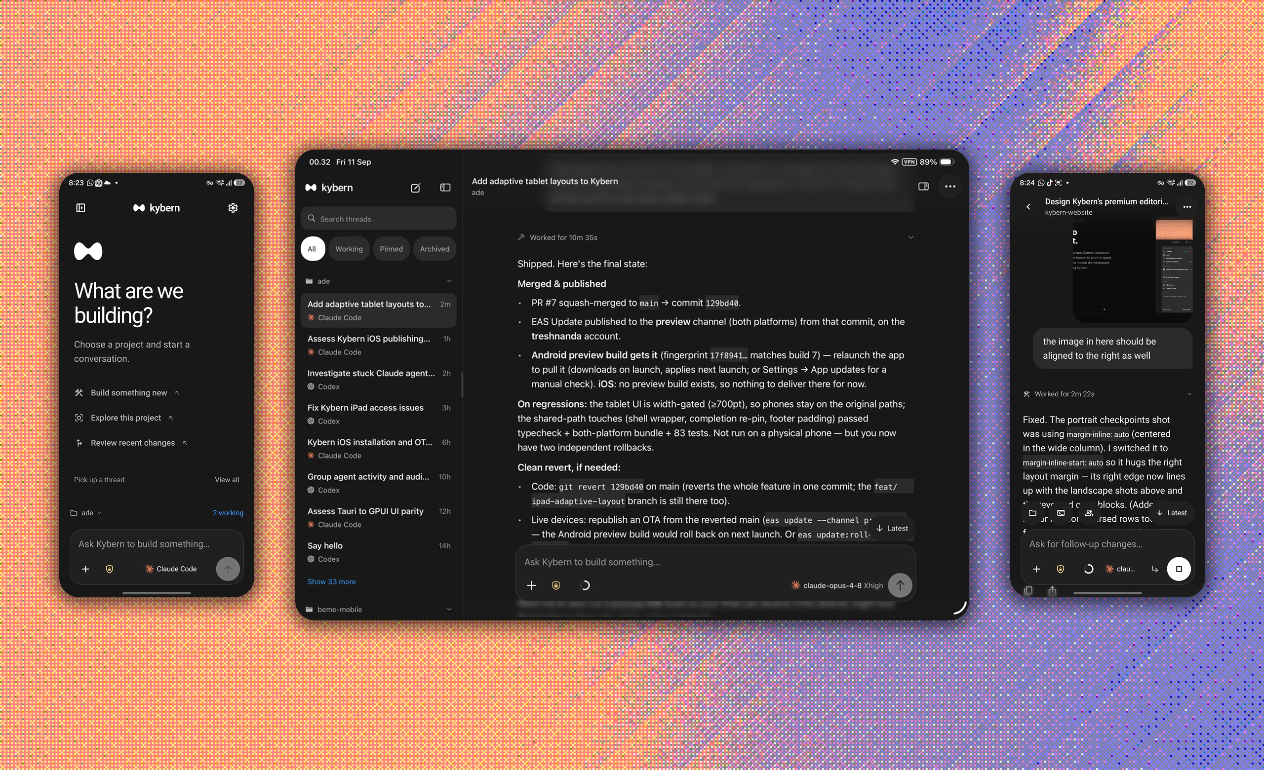 Kybern running on iPhone and iPad — the build screen, a tablet thread list, and a thread on a phone